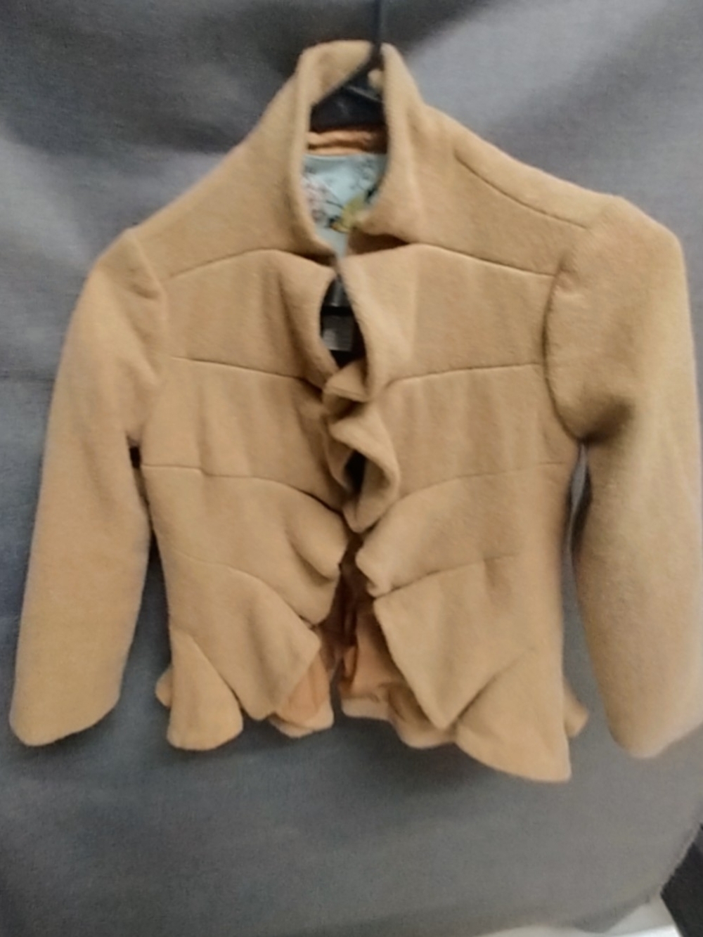 Women's Ruffle-Front Wool Blend Jacket - Camel - Picture 2 of 8
